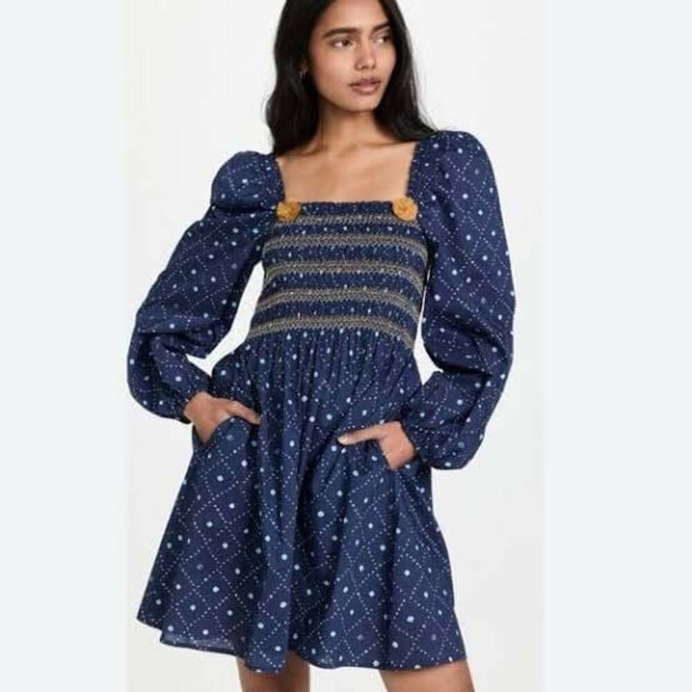 Figue Peony Kizzy Navy Smocked Cotton Mini Dress